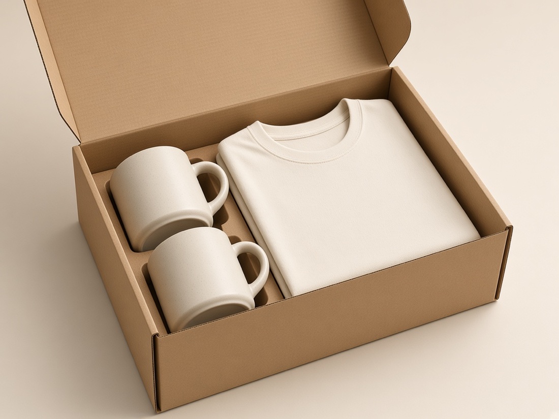 Open medium box holding two ceramic mugs and a folded shirt
