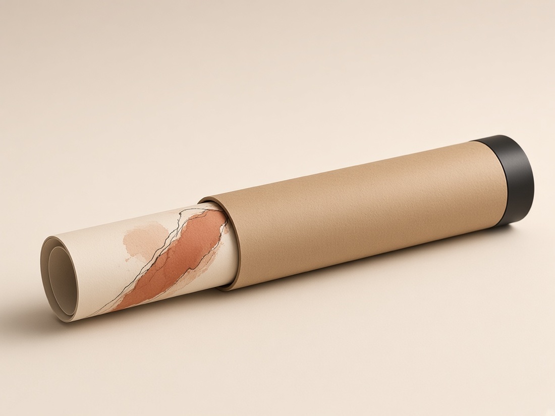 Kraft poster tube with a rolled print sliding out